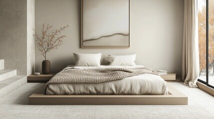 Modern minimalist bedroom featuring a low platform bed with neutral decor and natural light. Generative AI