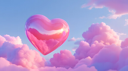3d futuristic pink pastel heart in 3d shape in blue sky and cloud