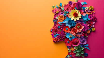fondo de una mujer con su rostro formado de flores coloridas y creativas decorativas representando el dia de la mujer silueta de flores sobre un fondo con espacio de copia