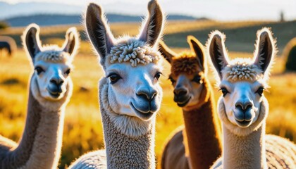 Obraz premium Charming group of llamas grazing in a vibrant golden rural landscape