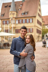 Fototapeta premium TEEN COUPLE LOVE STORY. Whispers of Love in German Splendor. Exploring German History with Love. Autumn Love Affair in German Elegance. Capturing the Essence of Teen Love