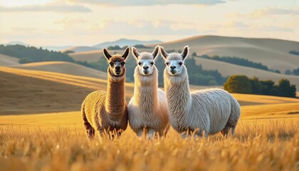 Fototapeta premium Trio of llamas standing in a golden field with rolling hills