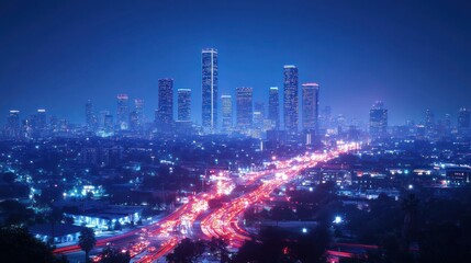 Obraz premium City skyline illuminated at night with traffic flowing through downtown. Generative AI