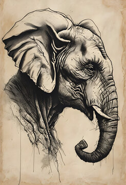 Drawing of a portrait of an elephant with a serious gaze like a leader's statue or bust