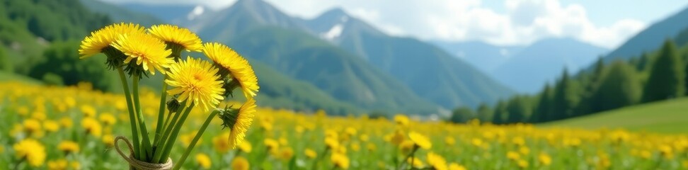 Obraz premium A bundle of fresh dandelions tied with twine against a mountain backdrop, landscape, nature