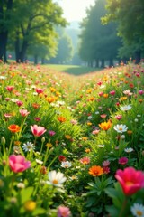 A carpet of colorful blooms stretches across the grassy landscape, bloom, flowers, grass