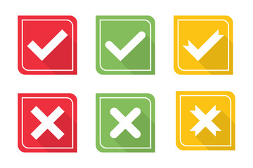 Colorful Check Mark and Cross Icons in Red, Green, and Yellow for Correct and Incorrect Indicators with Flat Design Style