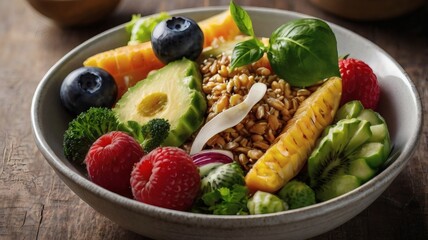 A bowl filled with a colorful assortment of fresh produce, including raspberries, blueberries, avocado slices, broccoli, kiwi, and a serving of grains, garnished with basil leaves.