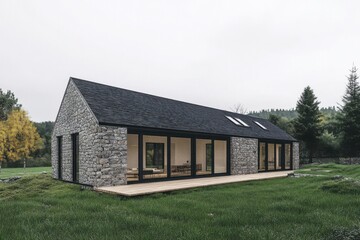 Obraz premium Modern stone house situated in a lush green landscape, offering a seamless connection between indoor and outdoor living with large glass windows and a spacious deck