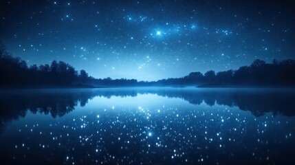 Night sky reflects on tranquil lake surrounded by trees in peaceful nature setting. Generative AI