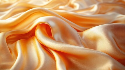 Soft, shimmering golden satin fabric draped elegantly, creating waves of texture and light reflections in a serene setting