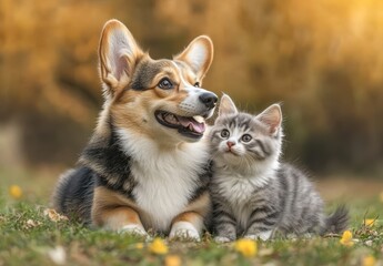 Playful Corgi Dog and Adorable Gray Tabby Kitten Enjoying a Sunny Afternoon Together in a Serene and Beautiful Outdoor Setting