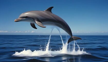 Fototapeta premium Un gran delfín saltando fuera del agua con agua salpicando a su alrededor contra un fondo de cielo azul profundo