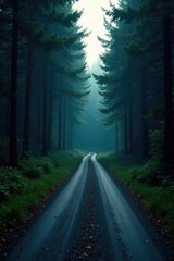 Fototapeta premium A lonely, winding road that disappears into the darkness of a dense forest, path, winding, solitude