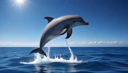 Fototapeta premium Un gran delfín saltando fuera del agua con agua salpicando a su alrededor contra un fondo de cielo azul profundo