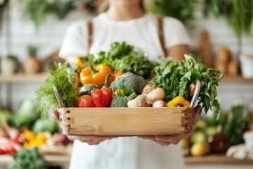 Fototapeta premium A person happily holding a shopping cart full of groceries at the checkout counter