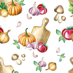 Seamless pattern with kitchen board, vegetables (onion, tomato, garlic, basil). Watercolor pattern on a white background for kitchen, textiles, packaging paper, etc.