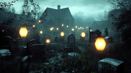Naklejka premium Haunting graveyard illuminated by flickering lanterns under a cloudy evening sky. Generative AI