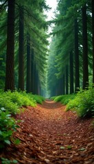 Fototapeta premium A serene and peaceful atmosphere is created by a thick layer of pine needles covering the ground in front of a green wall of pine trees, foliage, wildlife