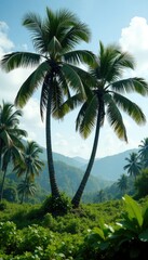 Fototapeta premium Coconut trees leaning against each other in strong winds, forest floor, nature landscape