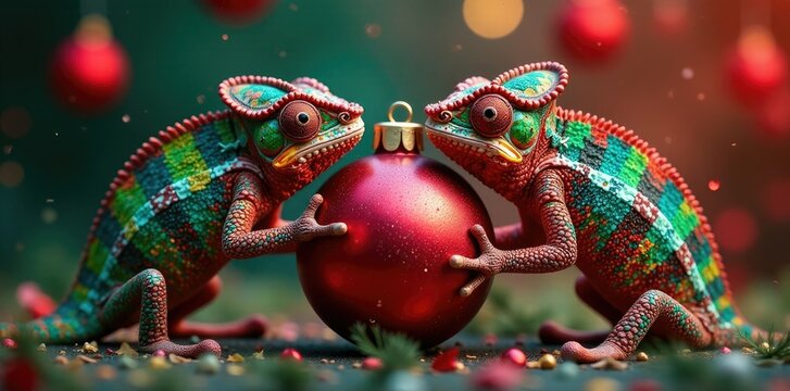 Colorful chameleons surround red Christmas ball, fun, celebration