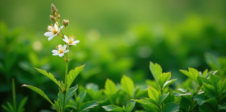 Whole plant of Andrographis paniculata in a natural environment, flowers, greenery, foliage