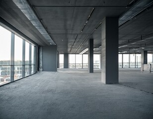 unfinished interior of business center under construction in grey colours with copy space image place for adding text or design