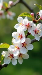 Obraz premium Cornelian cherry tree with blooming white and pink flowers in a garden, cornelian cherry, nature, white