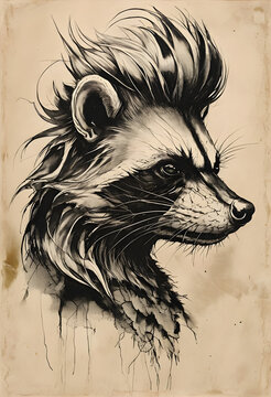 Drawing of a portrait of a raccoon with a serious gaze like a leader's statue or bust