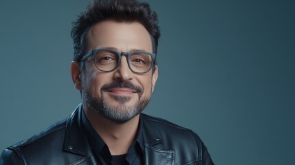 Fototapeta premium Timeless style, man in leather jacket and glasses captures classic cool confidence