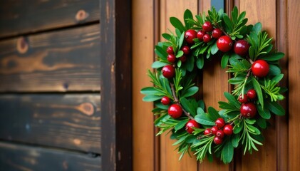 Fototapeta premium Cranberry and rosemary wreath on a wooden door, fragrant, holiday, wooden door