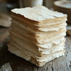 A rustic stack of vintage papers rests on a wooden table, surrounded by soft natural light and blurred kitchen items in the background