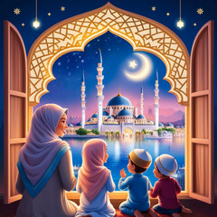 Happy family celebrate for eid mubarak with mosque background