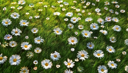 summer meadow abundant with white daisies a beautiful field of green grass and daisies is shown from a top down perspective creating a natural backdrop top view with copy space