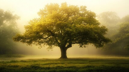 Fototapeta premium Majestic Oak in Misty Dawn: A Serene Landscape