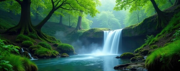 fluid waterfalls in the heart of a mystical forest, misty, serene, green