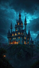 Obraz premium Windows of castle lit up like lanterns in the darkness on a stormy night, ethereal, lit, lanterns