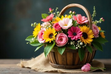 Fototapeta premium Fresh bouquet of wildflowers in a rustic wooden basket, flowers, burlap, wildflowers