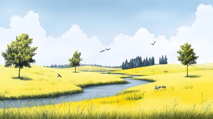 Obraz premium Serene Meadow Landscape with Gentle Stream and Birds in Flight