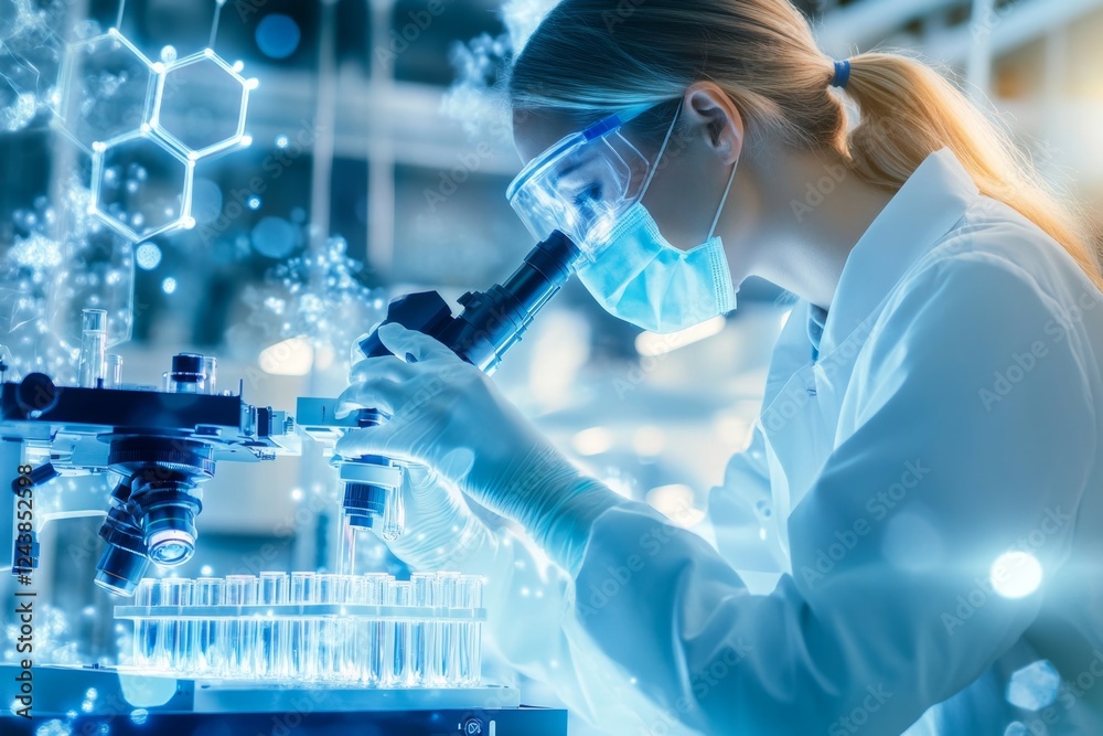 Poster A scientist in a high-tech laboratory analyzing chemical samples under a microscope