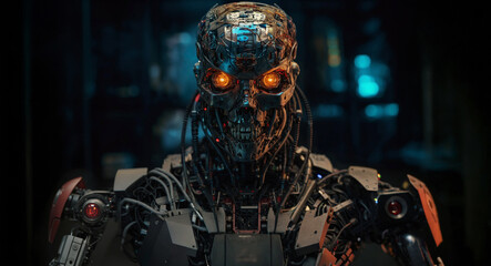 scary AI robot with metal skeleton and open arms, evil robot