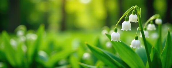 Obraz premium Lily of the valley flowers in a garden with lush greenery, spring, garden, nature