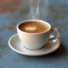 Fototapeta premium A steaming cup of coffee on a textured blue surface, with soft light creating a cozy atmosphere, ideal for relaxation