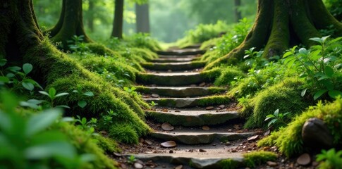 Lush carpet of moss blankets weathered stone steps in a secluded glade, seclusion, earthy tones
