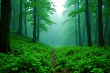 Lush greenery on a foggy forest floor in the High Tatras, nature, trees