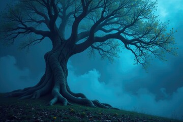 Majestic, ancient tree with twisted roots and branches in smoky royal blue atmosphere, tree, gnarled, mystical