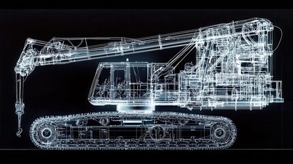Abstract digital rendering of a construction crane, glowing bright cyan on a black background. The image uses a pointillist style, creating a detailed yet ethereal effect.