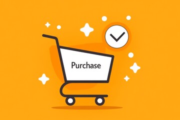 A simple vector icon of a shopping cart with a "Purchase" checkmark