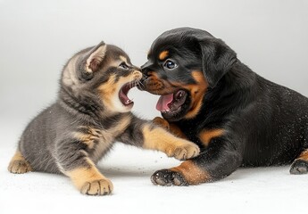 Fototapeta premium Playful kitten and puppy sharing a moment of joy while engaging in friendly interaction on a soft white background with bright expressive features