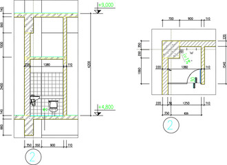 vector sketch, silhouette illustration, site plan layout, public bathroom layout with size scale